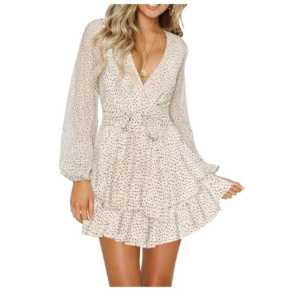 Womens Summer Spring V Neck Ruffle Chiffon Elegant Tie Knot Mini Short
